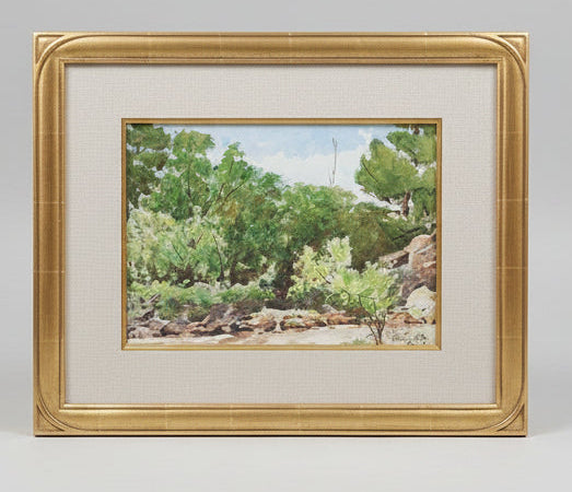 FRAMED WATERCOLOR OF TREES AND A STREAM