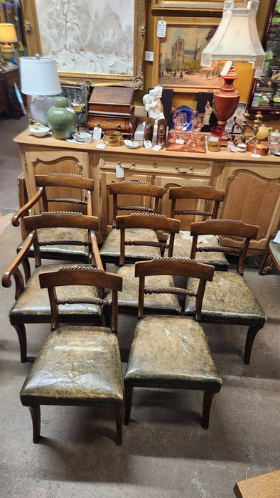 SET OF 8 EARLY MAHOGANY LEATHER SEAT  CHAIRS (2 WITH ARMS)