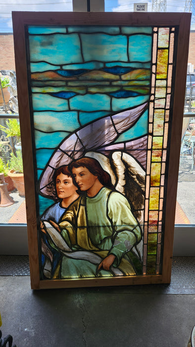 LARGE PAINTED AND STAINED GLASS WINDOW WITH PAIR OF  ANGELS AS FOUND