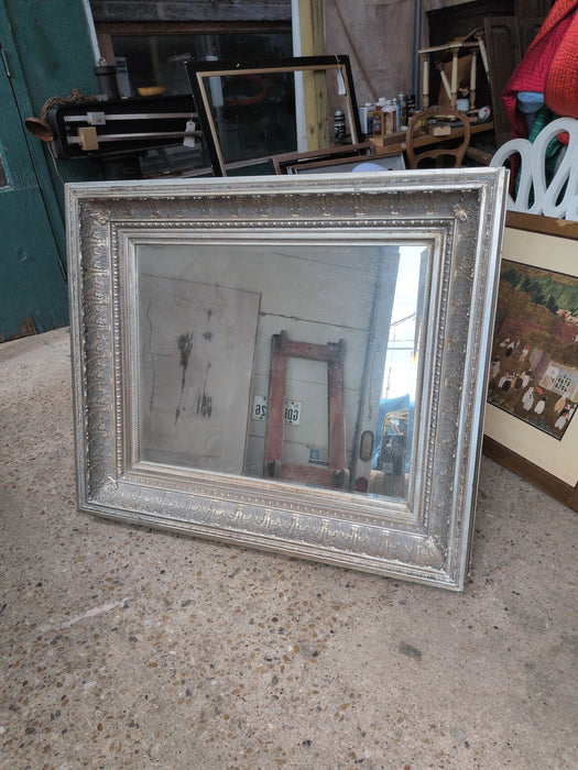 CARVED WOOD SILVER GILT BEVELED MIRROR