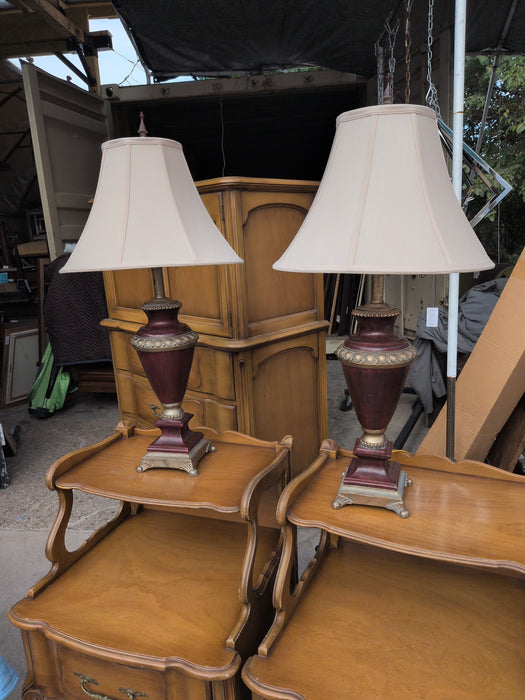 PAIR OF BURGUNDY COMPOSITION LAMPS