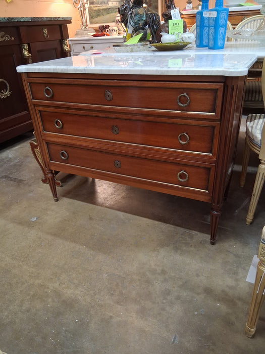 VINTAGE LOUIS XVI MAHOGANY WHITE MARBLE TOP CHEST