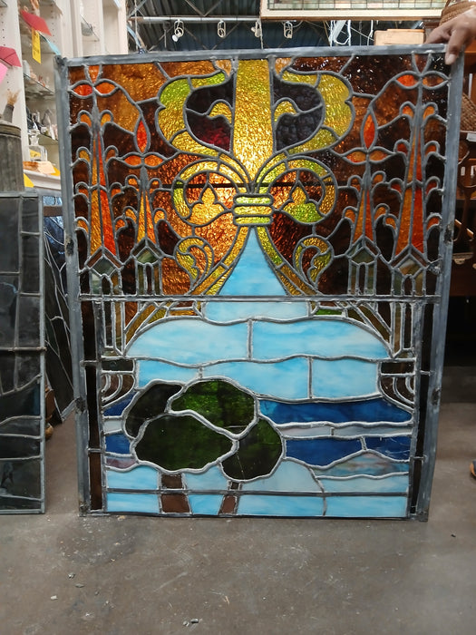 LARGE PAINTED AND STAINED GLASS WINDOW WITH TURET