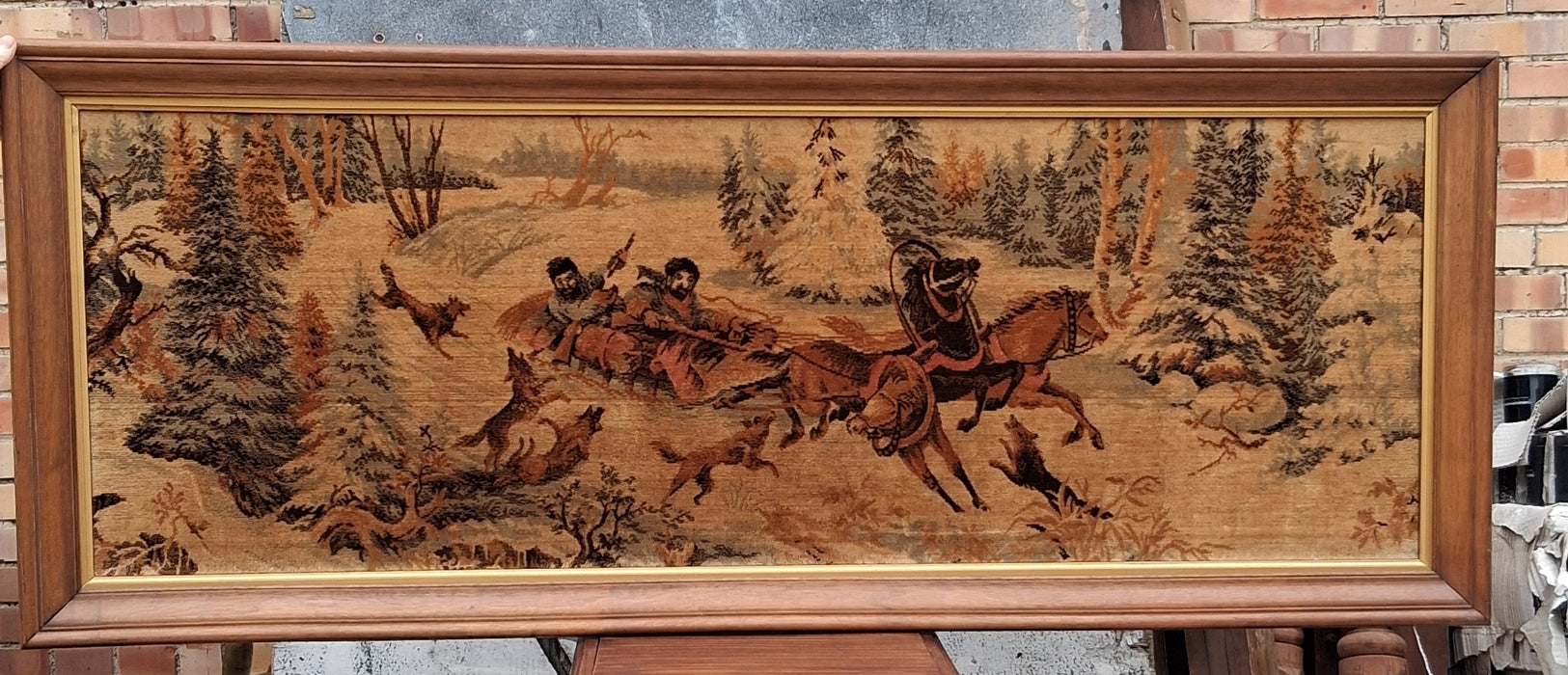 OAK FRAMED RUSSIAN TROIKA SCENE TAPESTRY