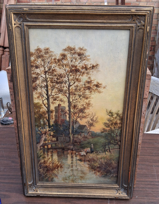 NICELY FRAMED VERTICAL OIL PAINTING OF A CHURCH YARD AT SUNSET AS FOUND