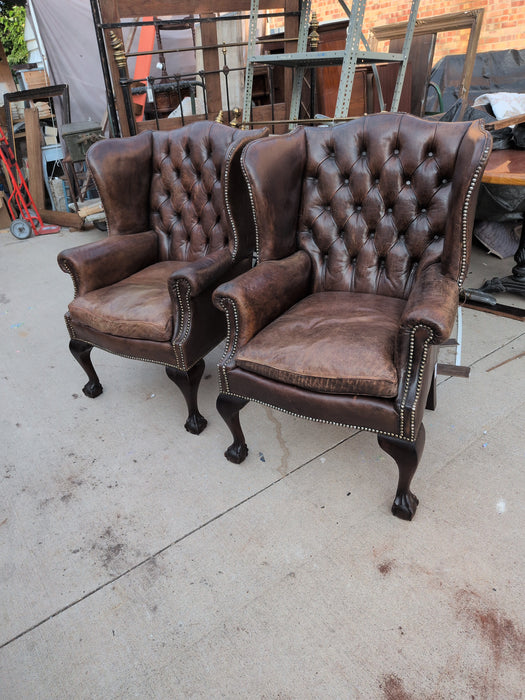 PAIR OF WINGED BACK CHESTERFIELD CHAIRS