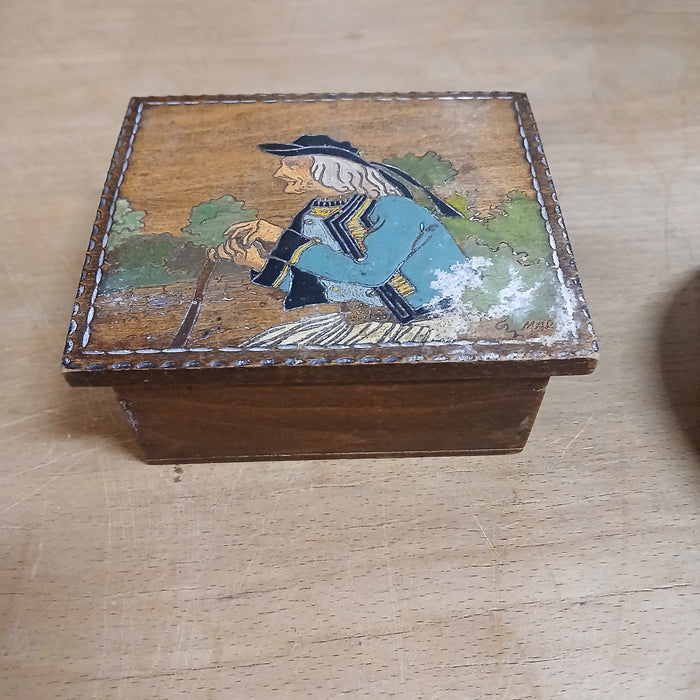 SMALL WOOD BOX WITH A PAINTED MAN WITH CANE