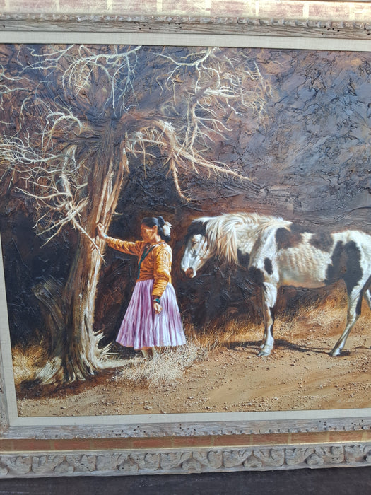 GILT FRAMED OIL PAINTING OF GIRL AND SCURVY HORSE PAUL CALLE