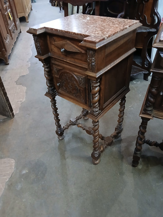 PAIR OF SIMILAR  LOUIS XIII  MARBLE TOP WALNUT SIDE CABINETS