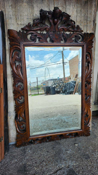 SPANISH CARVED OAK WALL MIRROR WITH LION CARVED CREST
