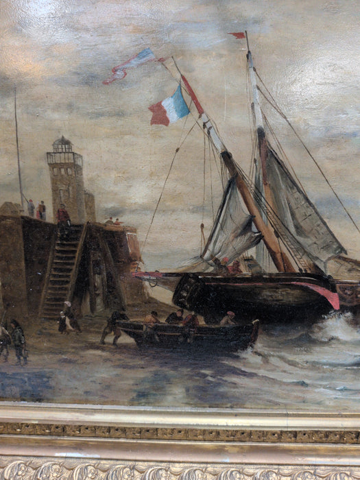 GOLD FRAMED OIL PAINTING OF BOATS AT PORT