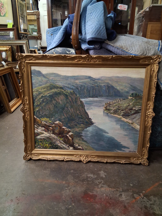 LARGE FRAMED FABULOUS LANDSCAPE OIL PAINTING WITH A RIVER