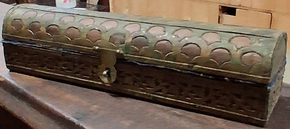 LONG SMALL DOMED WOOD BOX WITH BRASS OVERLAY