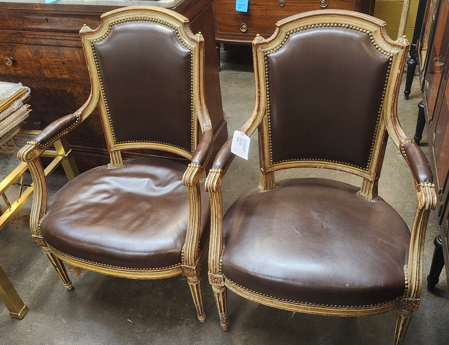 PAIR LOUIS XVI LEATHER UPHOLSTERED CHAIRS