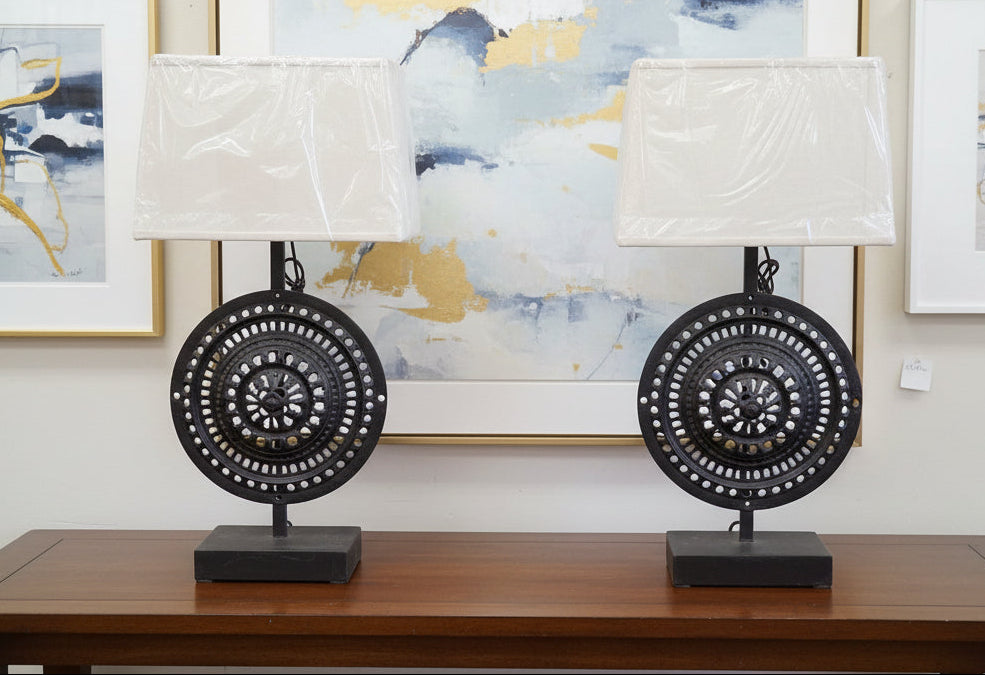 PAIR OF CAST IRON ANTIQUE GRILL LAMPS