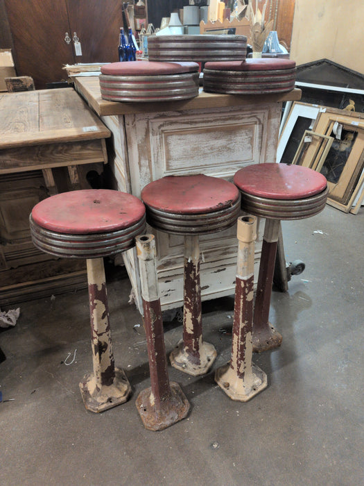 SET OF 5 RED DRUG STORE STOOLS - AS FOUND