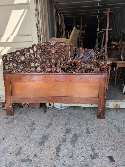 CARVED MAHOGANY KINGSIZE HEADBOARD WITH IRON BED FRAME