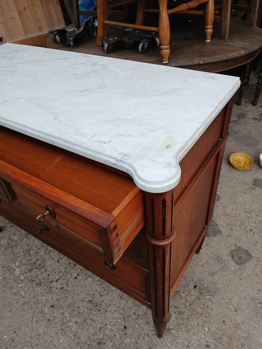 LOUIS XVI WHITE MARBLE TOP 3 DRAWER MAHOGANY CHEST WITH FLUTED COLUMNS