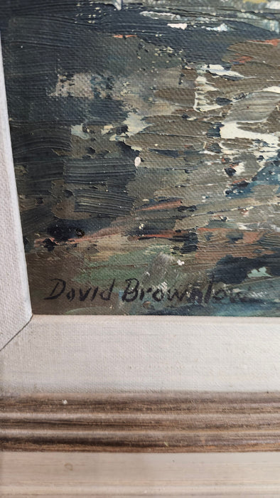 FRAMED IMPRESSIONIST OIL PAINTING OF A TREE LINED POND SIGNED DAVID BROWNLOW