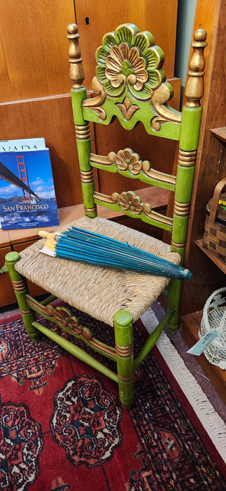 PAIR OF PAINTED GREEN AND GOLD LADDER BACK CHAIRS