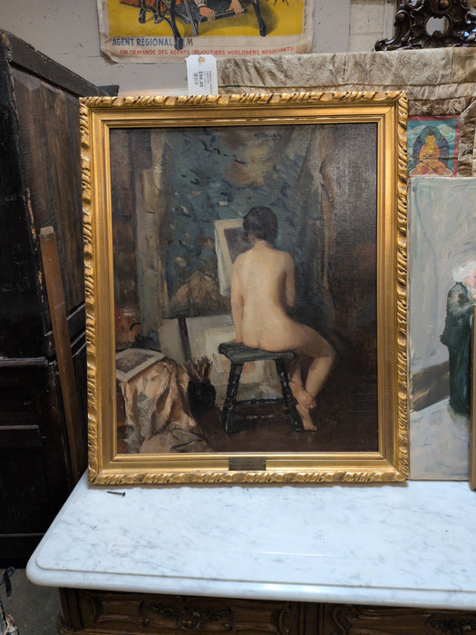 GOLD FRAMED OIL PAINTING OF WOMAN DOING ART - SIGNED