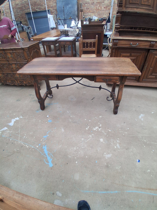 SPANISH OAK IRON BASE STRETCHER TABLE