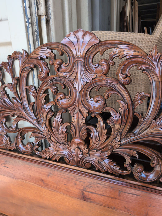 CARVED MAHOGANY KINGSIZE HEADBOARD WITH IRON BED FRAME
