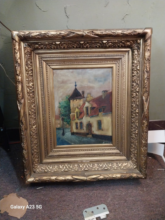 HEAVY GILT FRAMED STREET CORNER OIL PAINTING