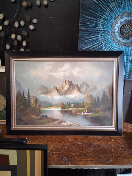 LARGE FRAMED OIL PAINTING OF MOUNTAIN LANDSCAPE