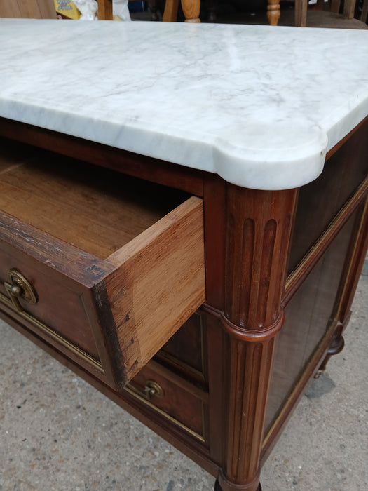 LOUIS XVI MARBLE TOP 3 DRAWER CHEST WITH BULE PULLS