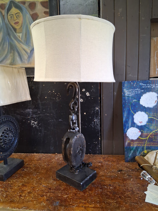 CAST IRON AND WOOD PULLY LAMP