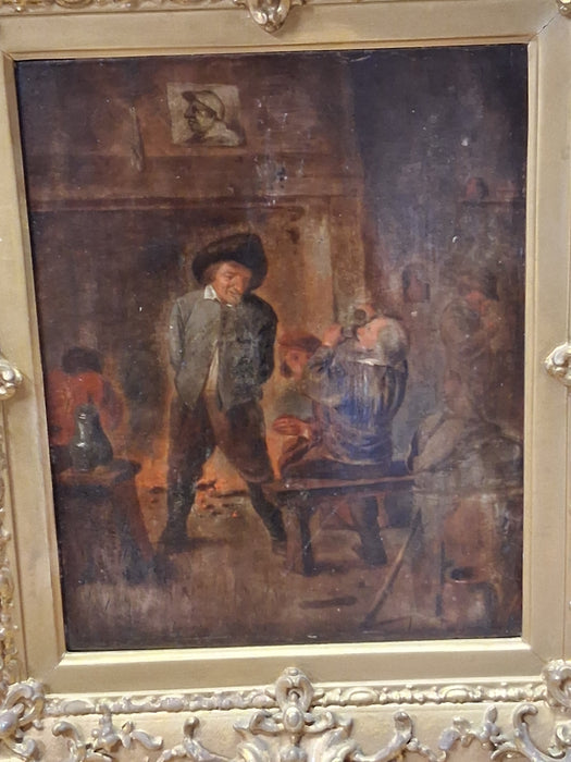 ORNATELY FRAMED OIL PAINTING OF MEN IN A TAVERN