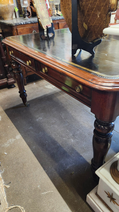 ENGLISH MAHOGANY WITH BLACK LEATHER TOP LIBRARY TABLE