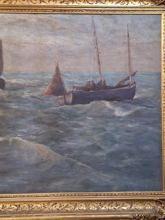HUGE GILT FRAMED OIL PAINTING OF SAILBOATS AT SEA