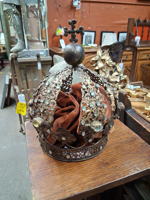 LARGE BRASS CROWN WITH RUST FABRIC