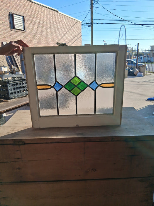 WHITE FRAMED MEDIUM GEOMETRIC ENGLISH STAINED GLASS WINDOW