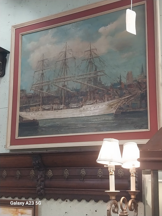 LARGE FRAMED SAILBOAT OIL PAINTING