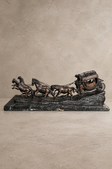 BRONZE AND MARBLE STAGE COACH SCULPTURE