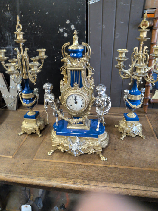 MIDCENTURY HARD PASTE LAPIZ BLUE PORCELAIN 3 PIECE CLOCK SET