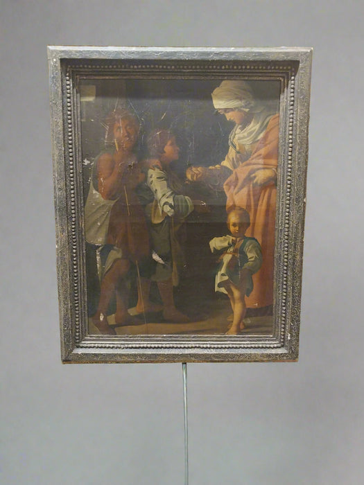 LARGE 18TH CENTURY VERTICAL OIL PAINTING OF A WOMAN FEEDING THE POOR-AS FOUND