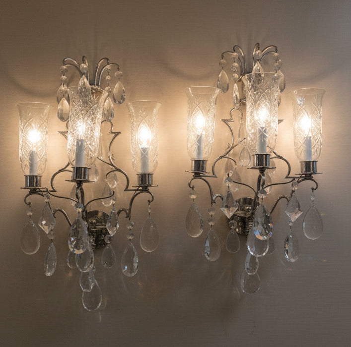 PAIR OF LARGE SILVER WALL SCONCES WITH PRISMS