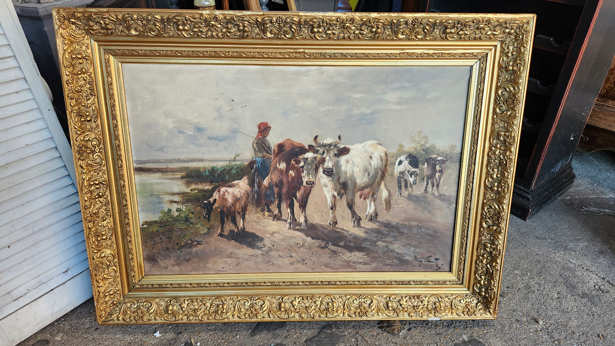 SCHOUTEN LADY WITH COWS OIL PAINTING