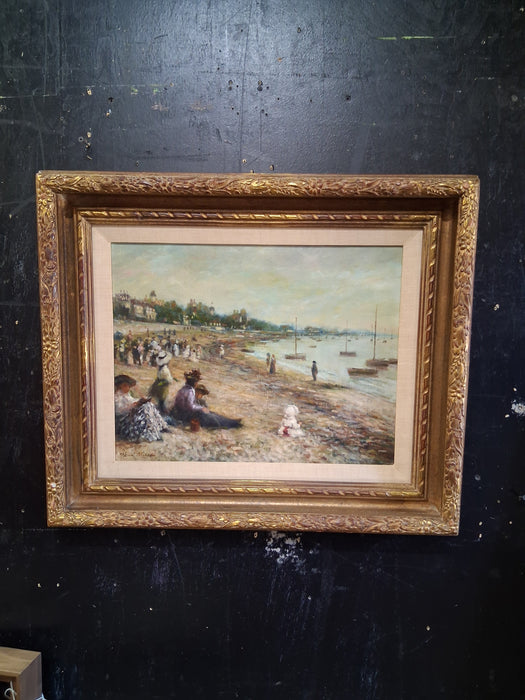 DARK GOLD FRAMED IMPRESSIONIST OIL PAINTING OF BEACH SCENE - SIGNED HENRI PLISSON