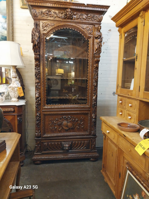 INCREDIBLE FRENCH FIGURAL CARVED SINGLE DOOR BOOKCASE