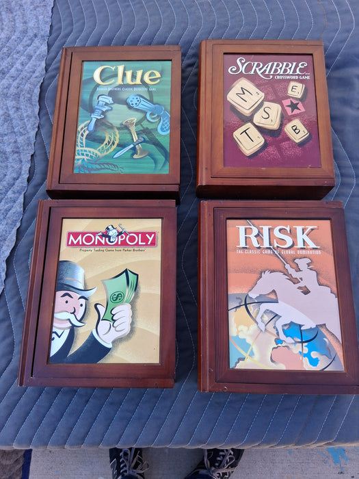 SET OF 4 DELUXE GAMES IN WOOD BOOK BOXES (MONOPOLY, SCRABBLE, RISK, AND CLUE)