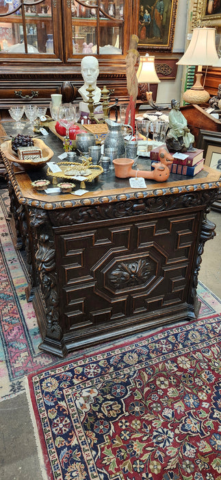 LEATHER TOP MECHELIN DESK WITH 2 SIDED STORAGE CABINETS