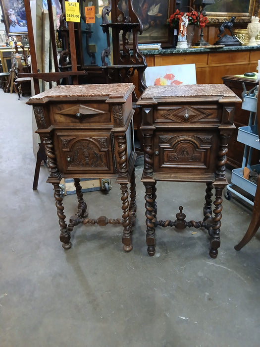 PAIR OF SIMILAR  LOUIS XIII  MARBLE TOP WALNUT SIDE CABINETS