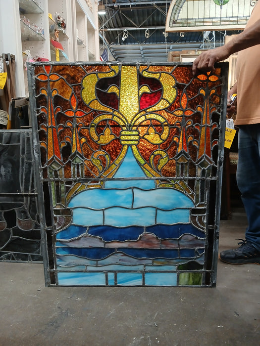 LARGE PAINTED AND STAINED GLASS WINDOW WITH TURET