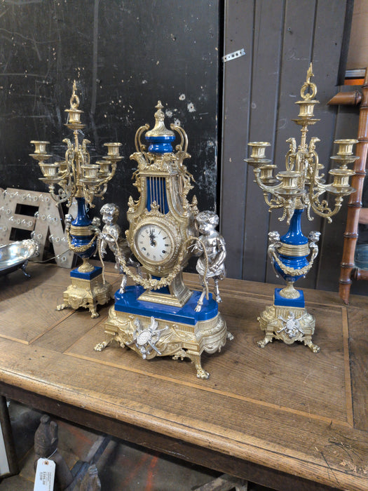 MIDCENTURY HARD PASTE LAPIZ BLUE PORCELAIN 3 PIECE CLOCK SET