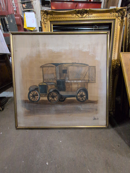 VINTAGE OIL PAINTING OF AN ANTIQUE US MAIL TRUCK